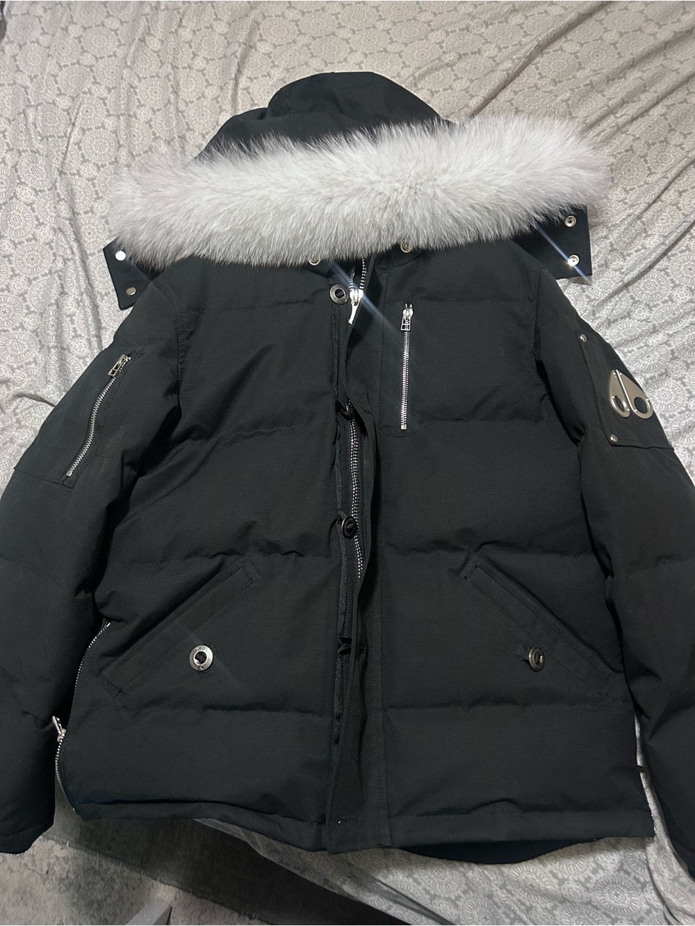 Moose Knuckles Black Puffer 3Q Jacket with White Faux-Fur Trim
